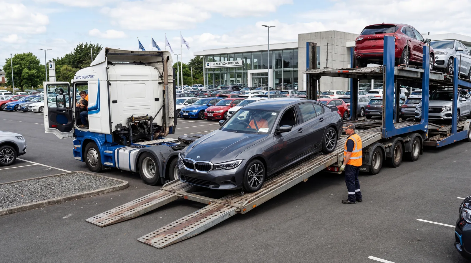 Car being unloaded from a transport truck at a dealership lot, daylight