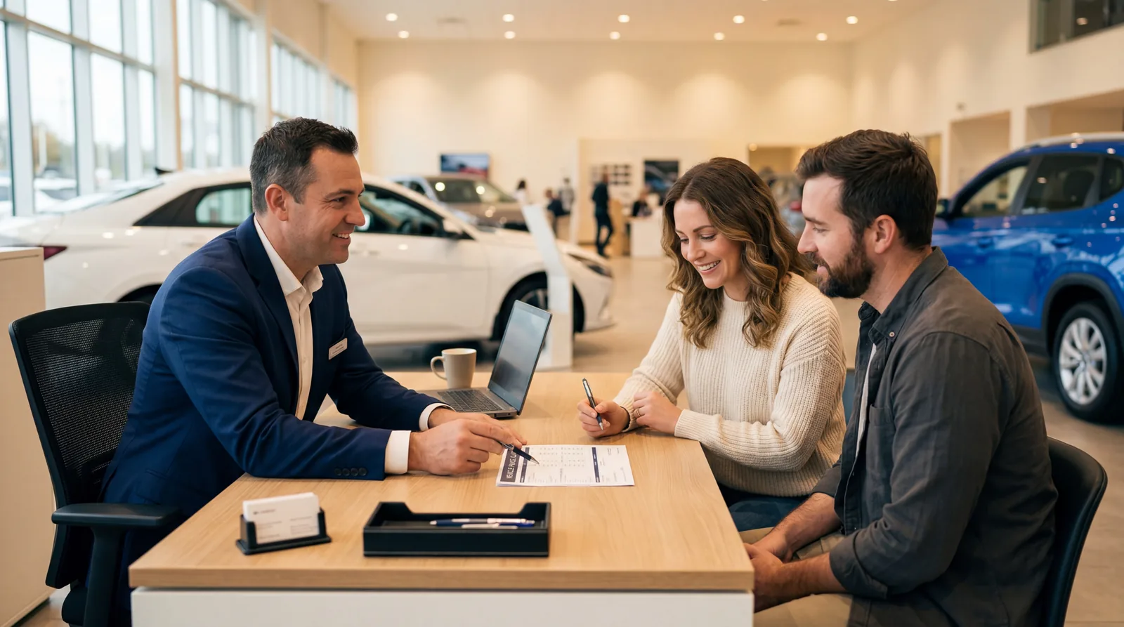 Car salesperson sitting across from a couple at a dealership desk, pointing to a price sheet, warm showroom lighting