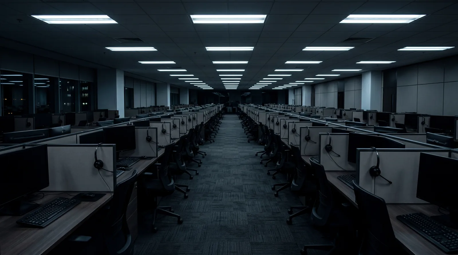 Empty customer service call center at night, rows of headsets on desks under fluorescent lighting