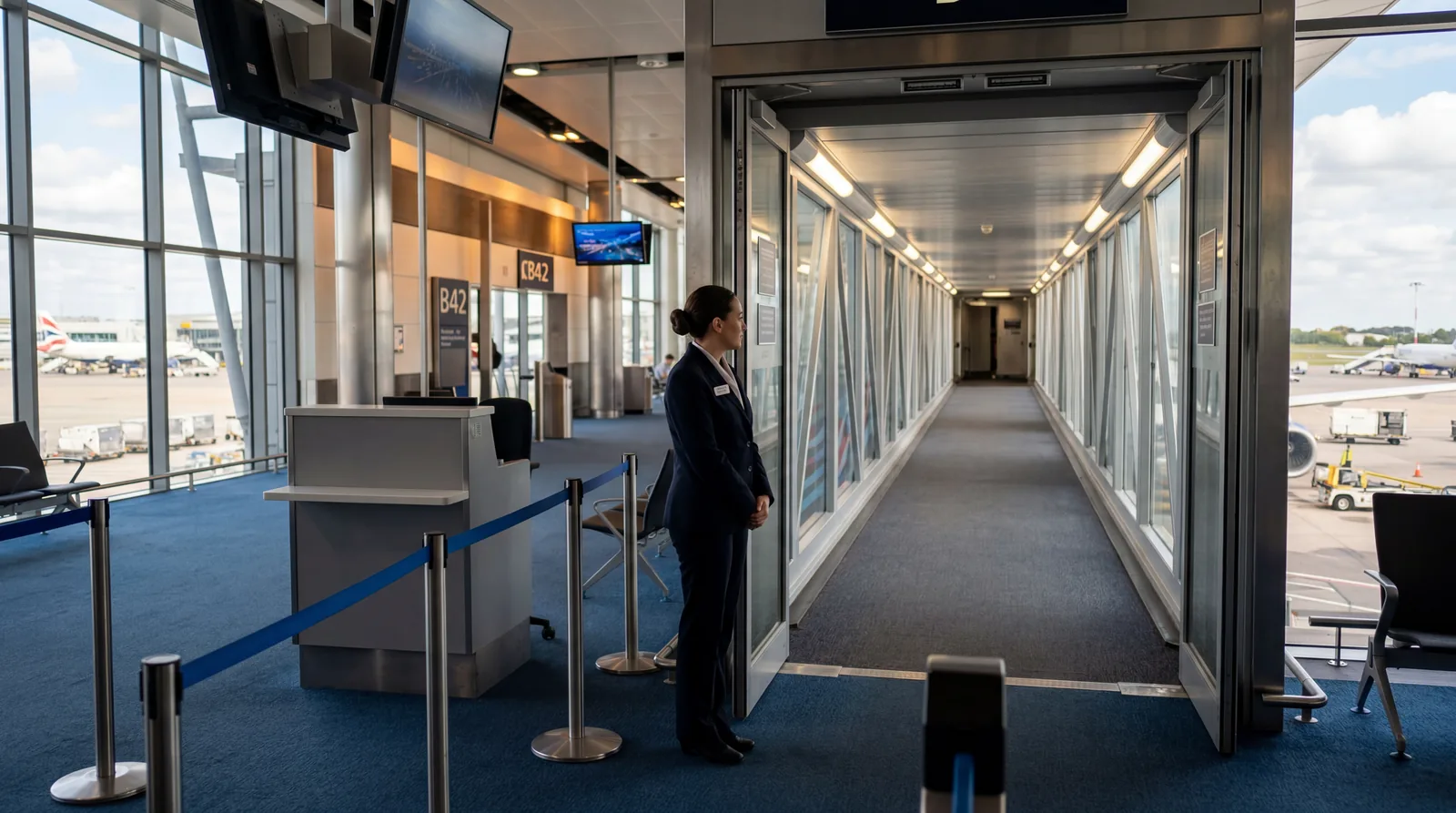 Gate agent standing at empty boarding door looking down the jetway, airport terminal