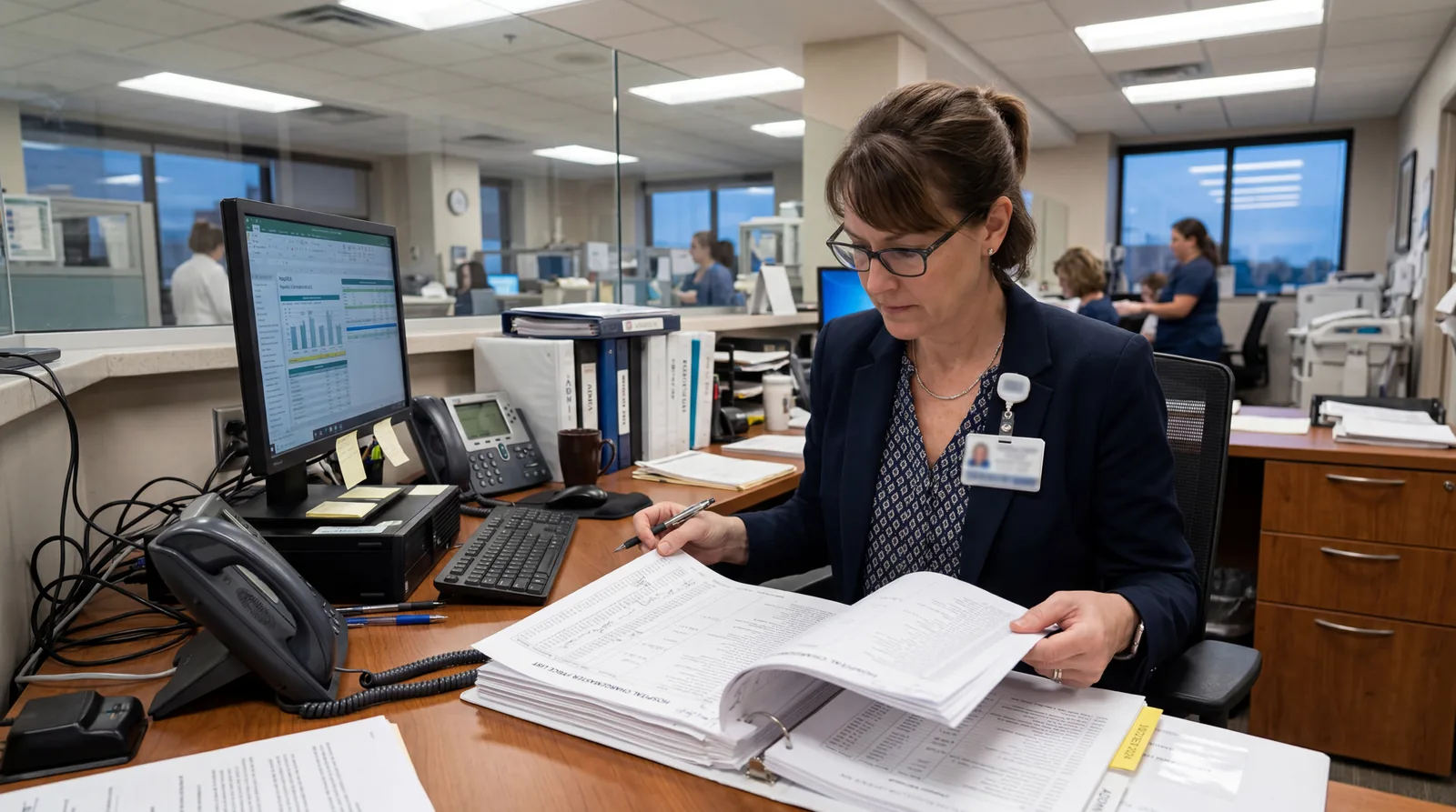 Hospital administrator reviewing a large printed price list at a desk, fluorescent lighting