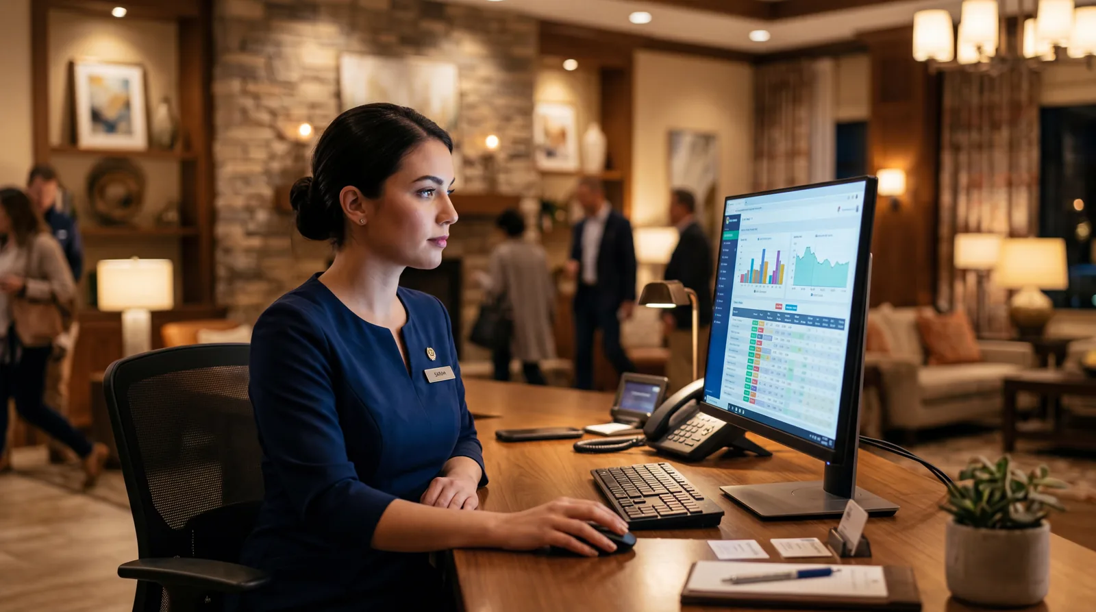 Hotel front desk clerk reviewing rate screens on a computer monitor, warm lobby lighting