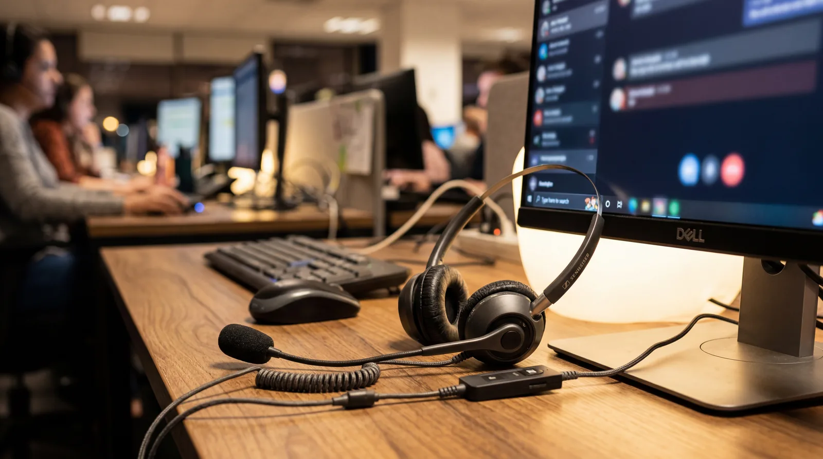 Close-up of a call center agent's headset on a desk next to a glowing computer monitor