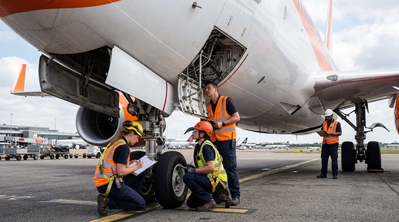 Ground crew with clipboards inspecting the underside of a passenger aircraft on the tarmac