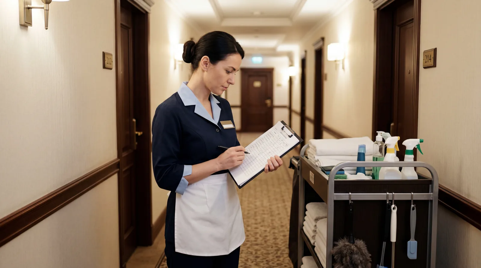Hotel housekeeper reviewing a printed room status sheet on a clipboard in a hallway