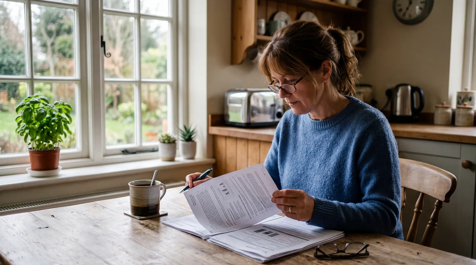 Person sitting at kitchen table reading a multipage insurance document, coffee cup nearby, morning light