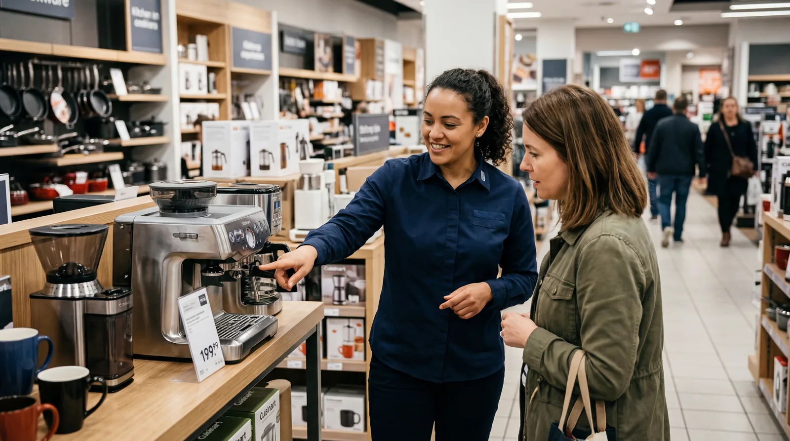 Retail salesperson gesturing toward a price tag on a display item, customer looking at product in a store aisle