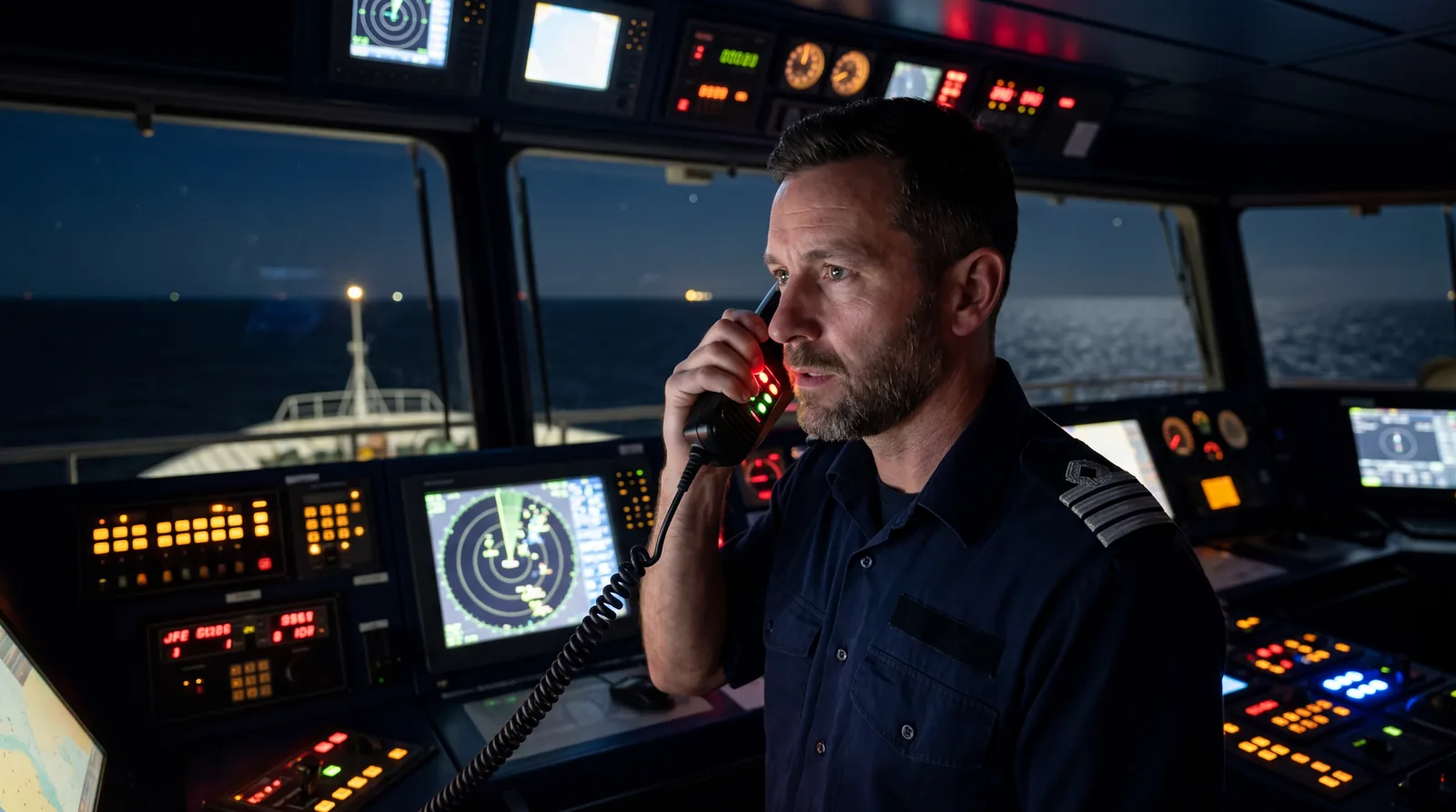 A ship's officer speaking into a radio handset on the bridge at night, instrument lights glowing, serious expression