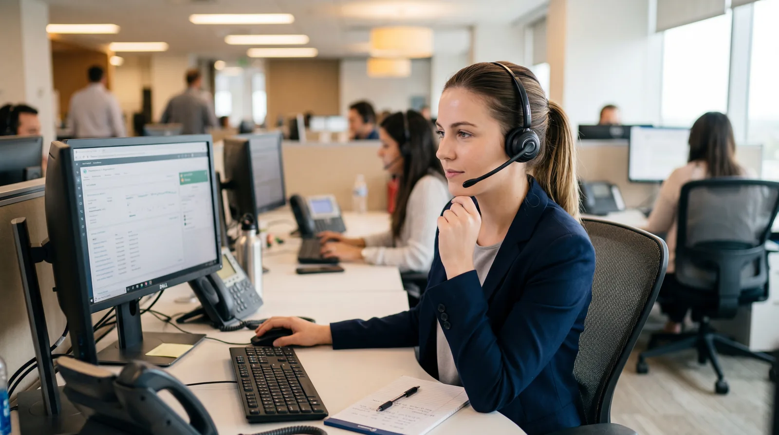 Customer service representative with headset at a computer, nodding with a neutral expression, soft office lighting