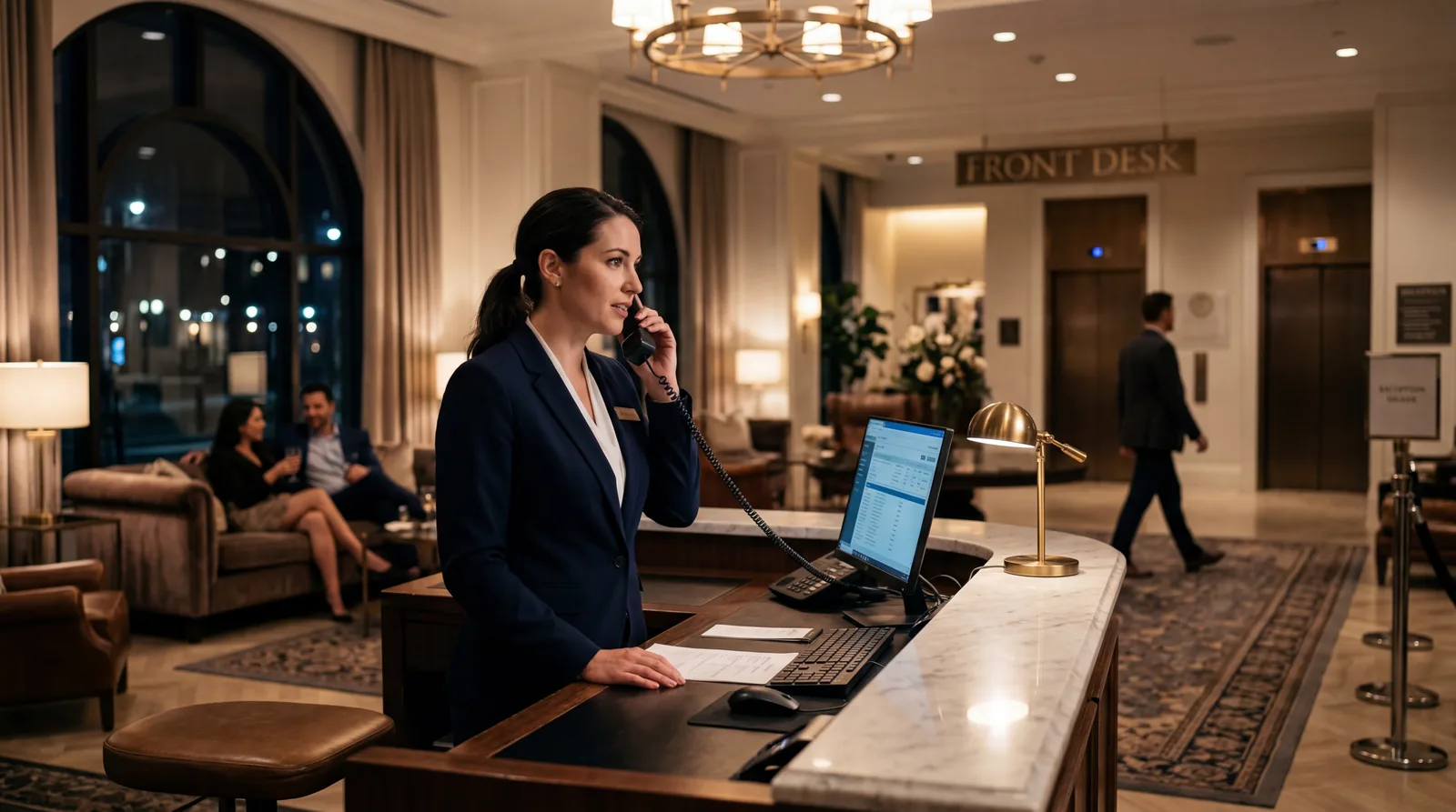 Hotel manager on phone at a front desk late at night with few guests visible in the lobby
