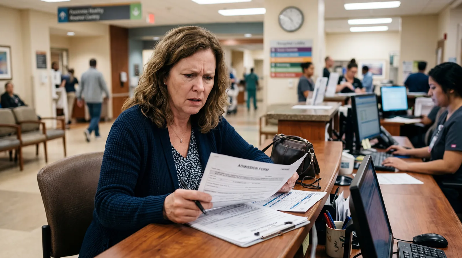 Person at a hospital check-in desk reviewing paperwork with a confused expression