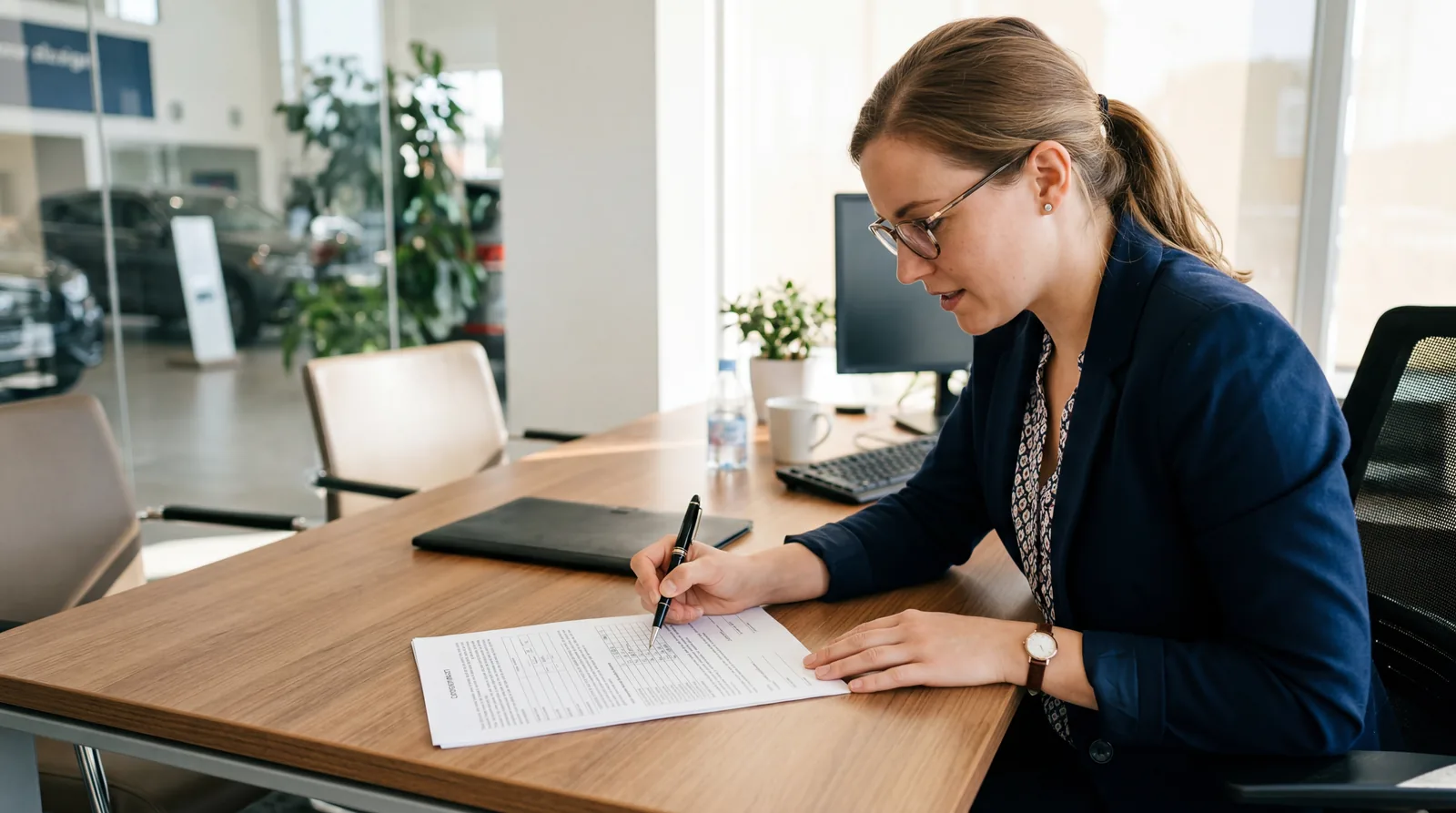 Person reviewing a car purchase contract at a desk, pointing to a line item with a pen