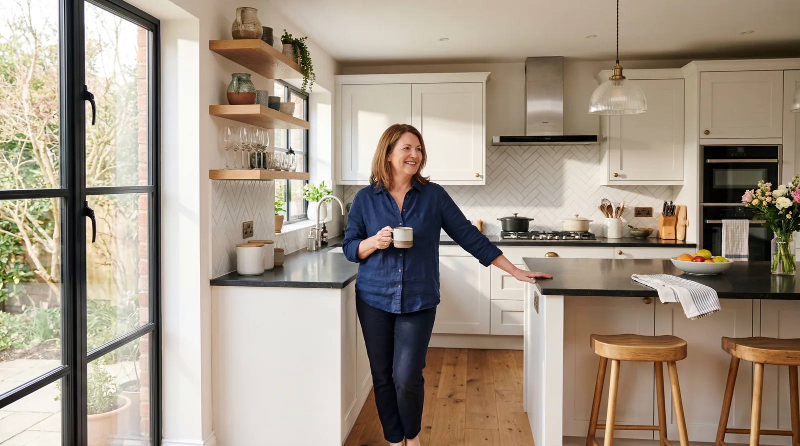 Person standing in a newly renovated kitchen looking satisfied, sunlight through windows