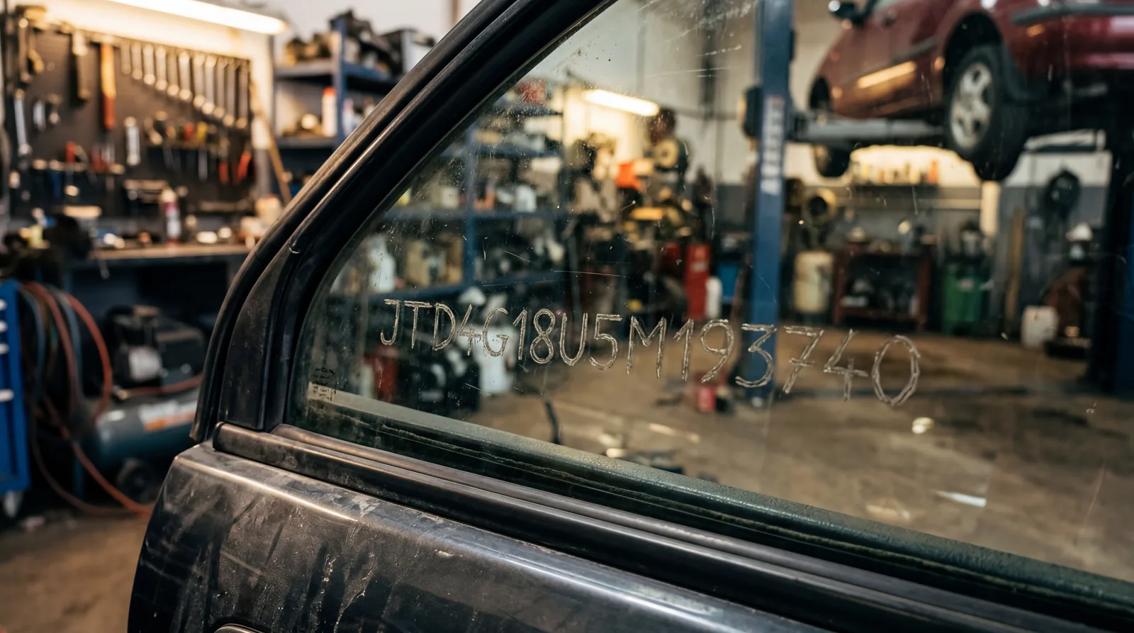 Close-up of a car window with etched numbers, workshop background
