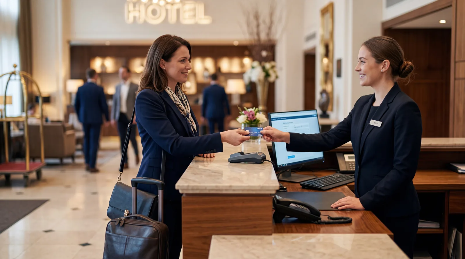 Guest handing a credit card to a hotel front desk agent during check-in