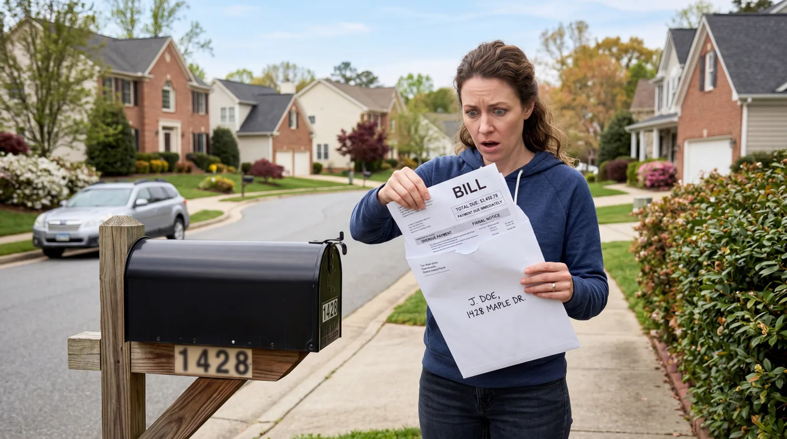 Person opening a large envelope with a bill at their mailbox, looking shocked, suburban neighborhood