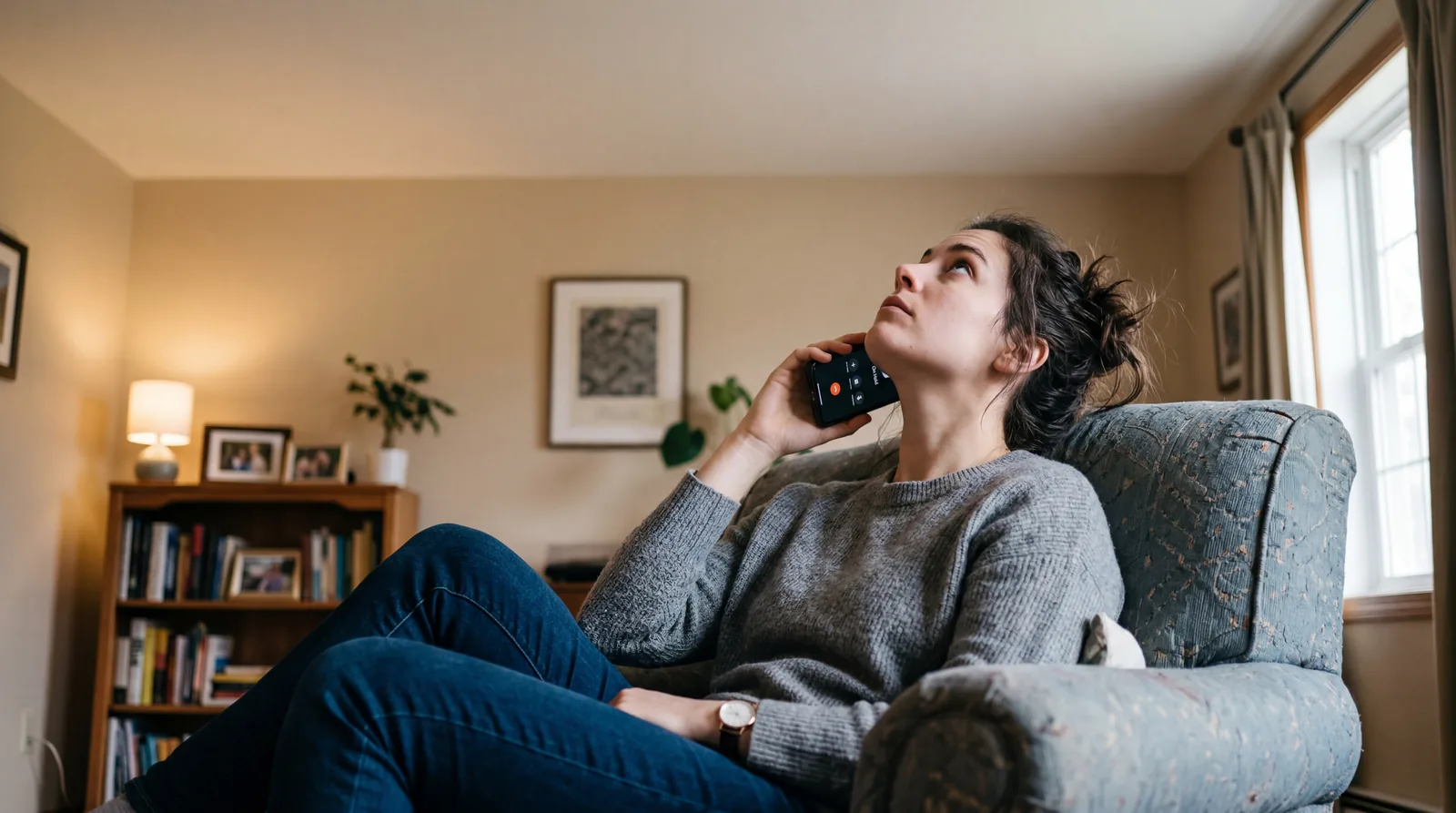 Person sitting on hold with a phone pressed to their ear, looking at the ceiling, home setting