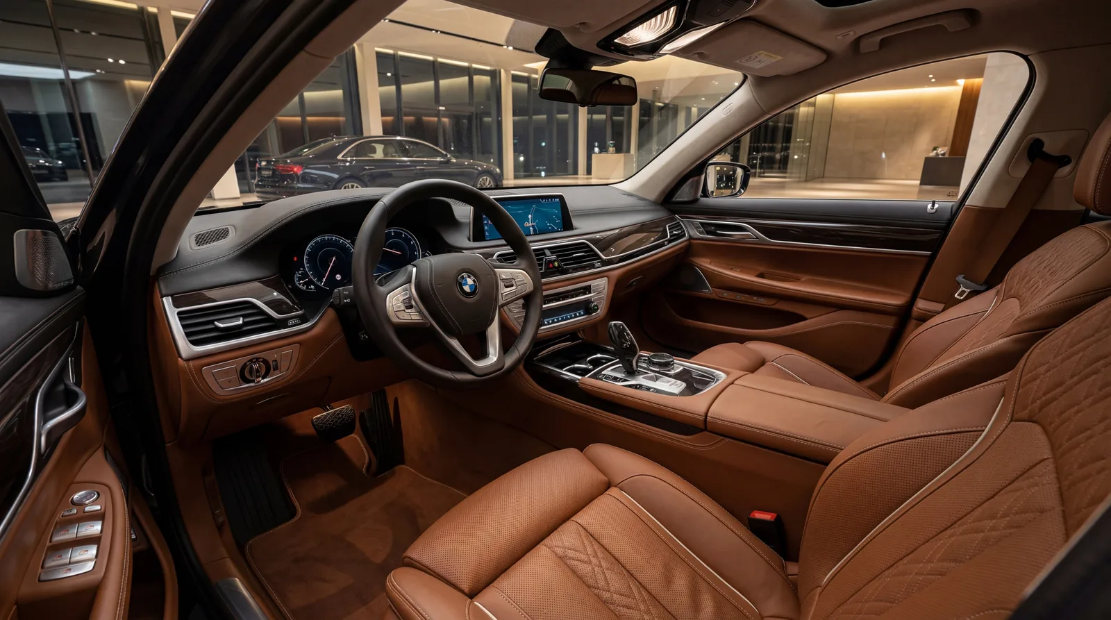 Car interior with leather seats in a showroom, soft lighting