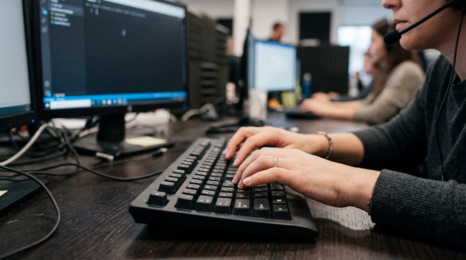 Customer service agent typing notes on a computer screen, close-up of hands on keyboard