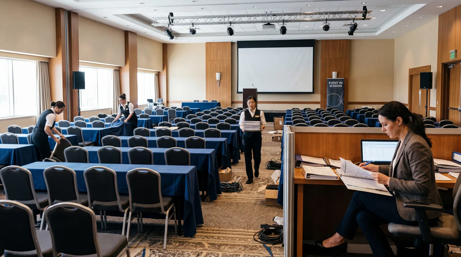 Hotel conference room being set up for an event while a manager reviews paperwork nearby