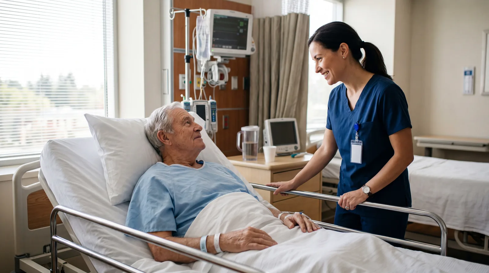 Patient lying in a hospital bed looking at a nurse, daytime hospital room