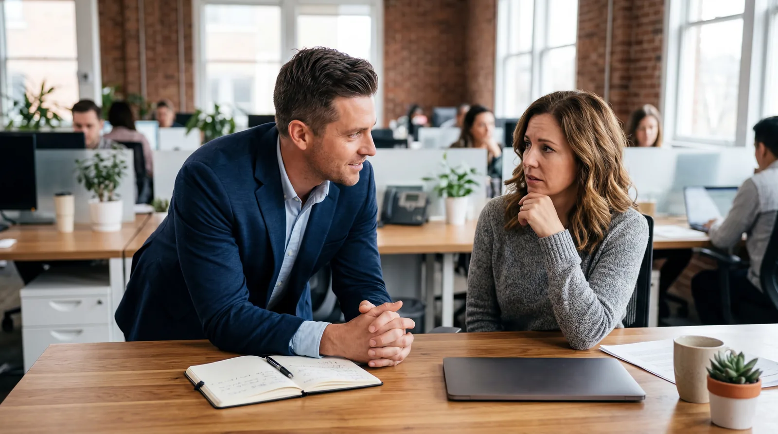 Salesperson leaning forward at a desk with a direct, engaged expression, customer across from them looking uncertain