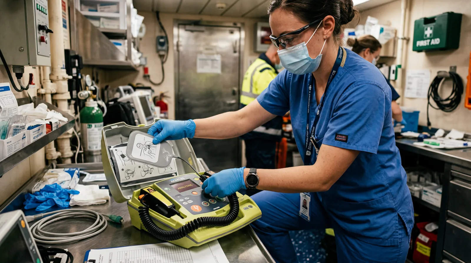 Close-up of a defibrillator being prepared by a medical worker in a ship's medical bay, urgent scene