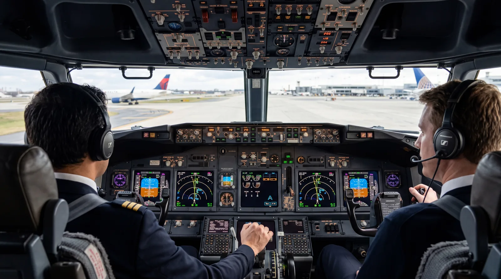 Close-up of commercial aircraft cockpit instruments during taxi phase, pilots visible from rear