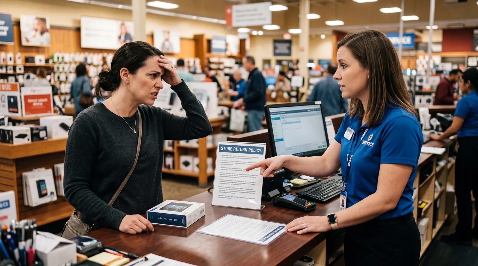 Customer at a retail service desk looking frustrated while a representative points to a printed policy sign on the count
