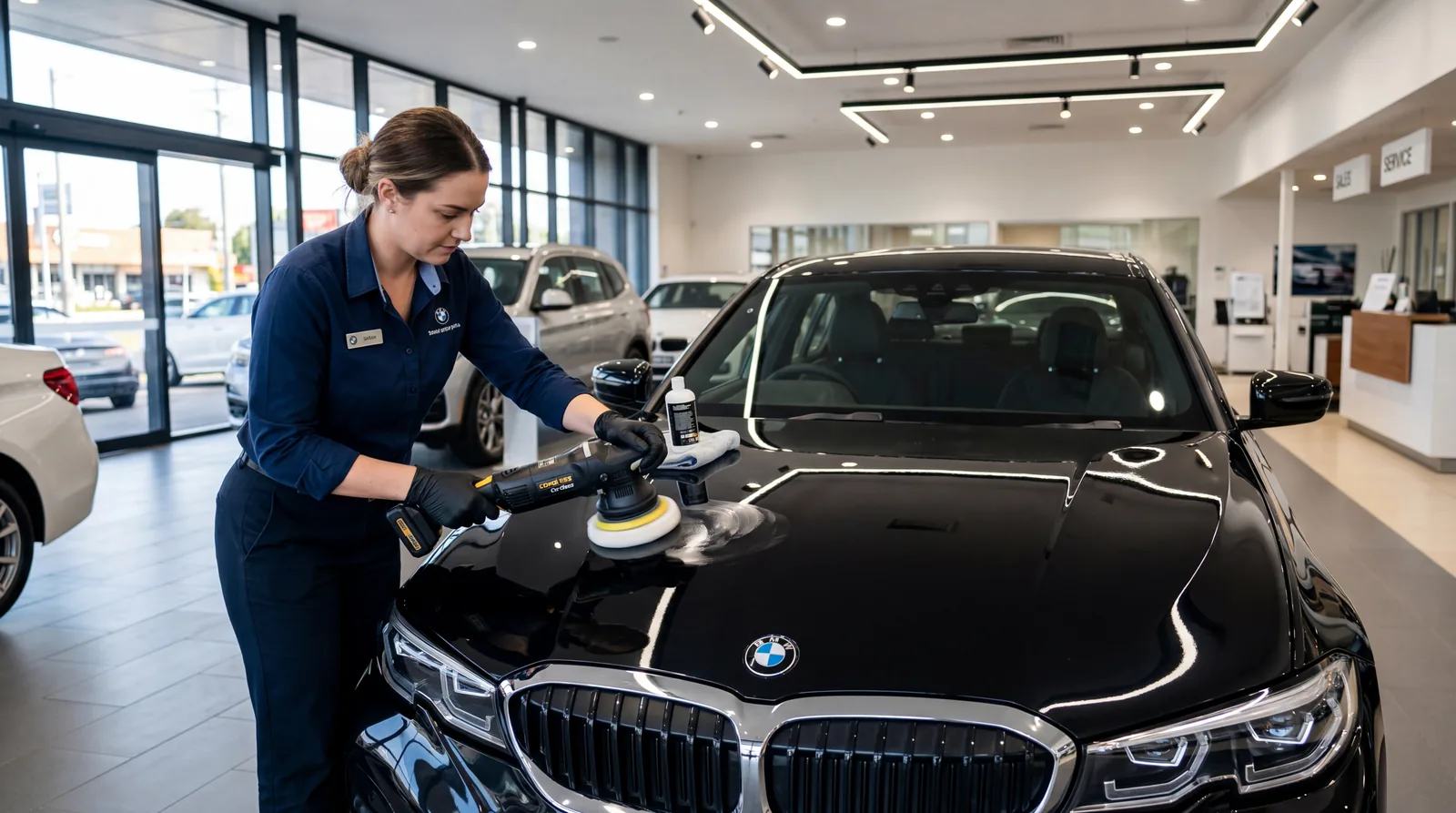 Dealership employee applying polish to a new car hood, showroom lighting