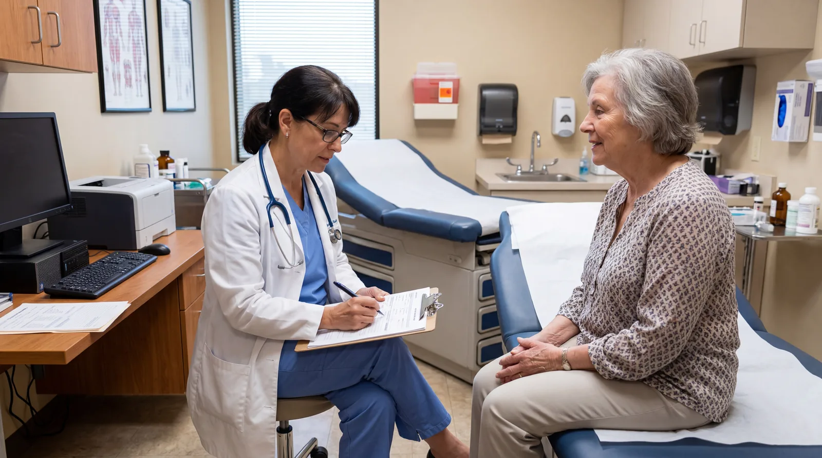 Doctor and patient in an exam room, doctor writing notes on a clipboard, clinical lighting