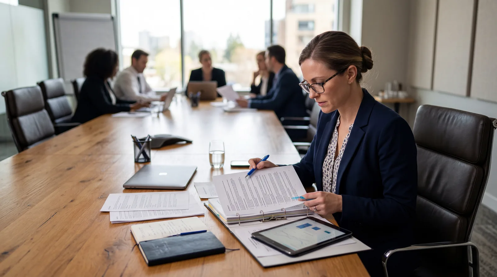 Meeting planner reviewing hotel contract documents at a conference table