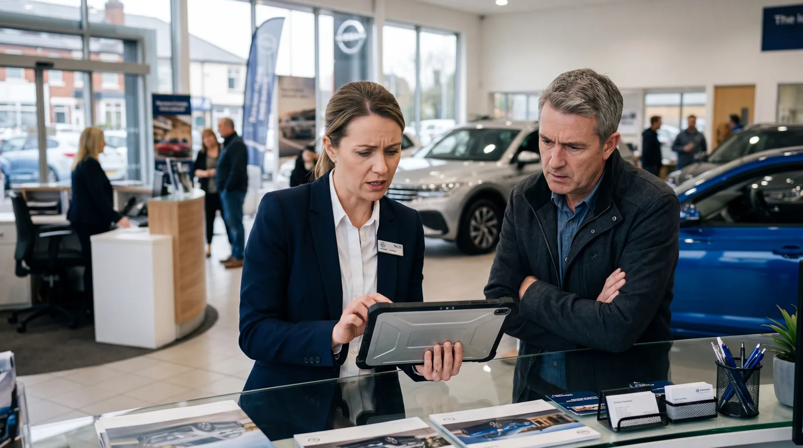 Salesperson checking a tablet or clipboard with an urgent expression, customer watching them, retail or dealership setti