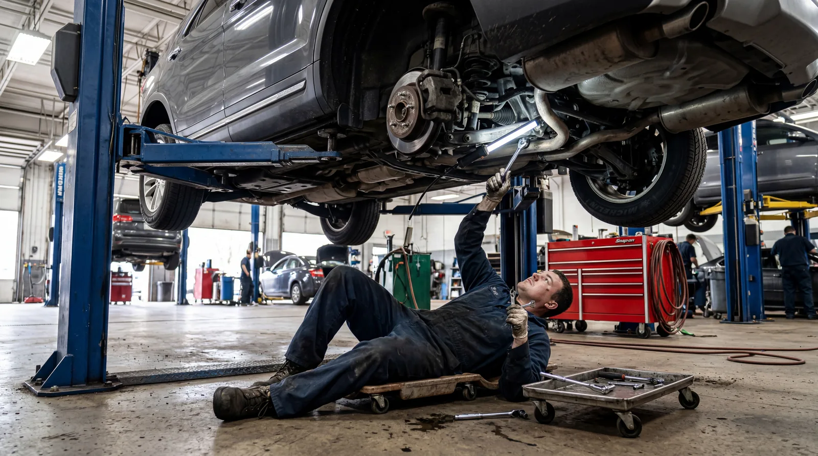 Mechanic working under a vehicle on a lift in a service bay