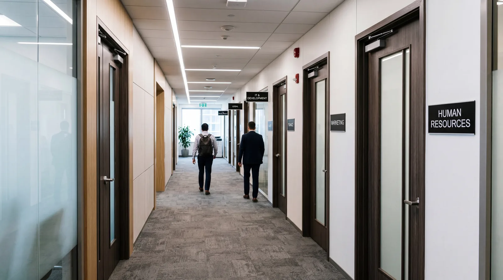 Office hallway with multiple doors labeled with department names, corporate setting