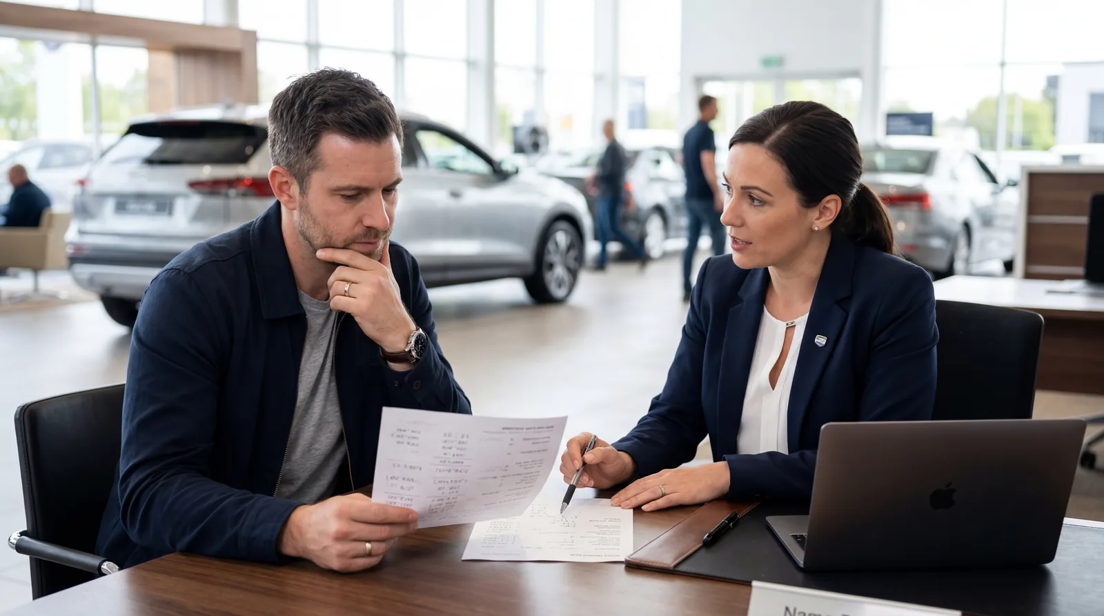 Person sitting across from a salesperson at a desk, looking thoughtful while discussing numbers