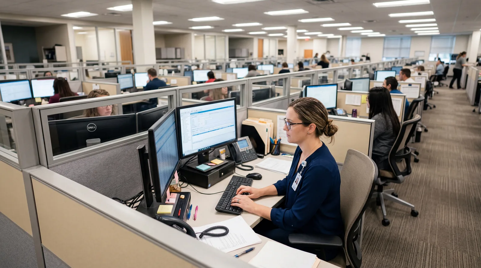 Person typing at a computer in a medical billing office, rows of cubicles