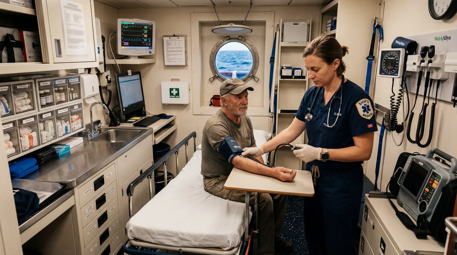 Ship's nurse checking a patient's vital signs in a small but well-equipped shipboard medical room