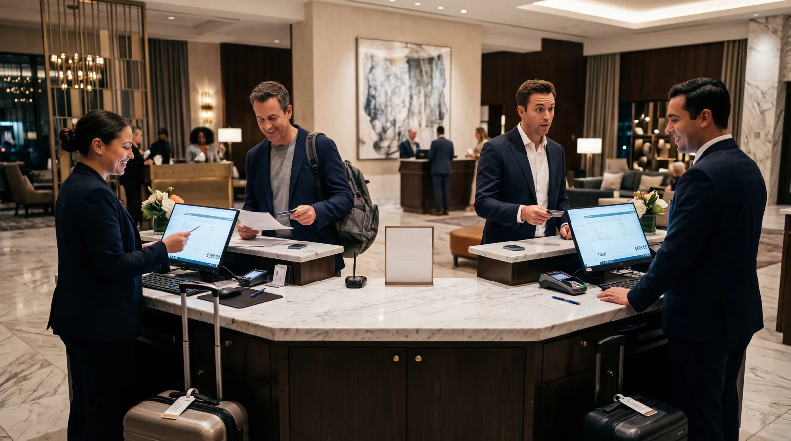 Two guests checking in side-by-side at a hotel front desk, one appearing to pay a different rate