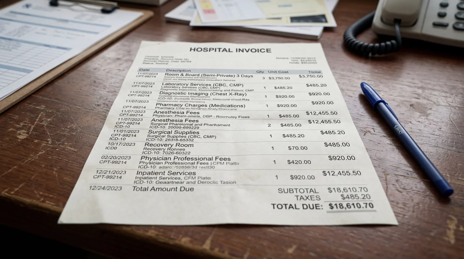 Close-up of a hospital bill on a desk with multiple line items, pen nearby