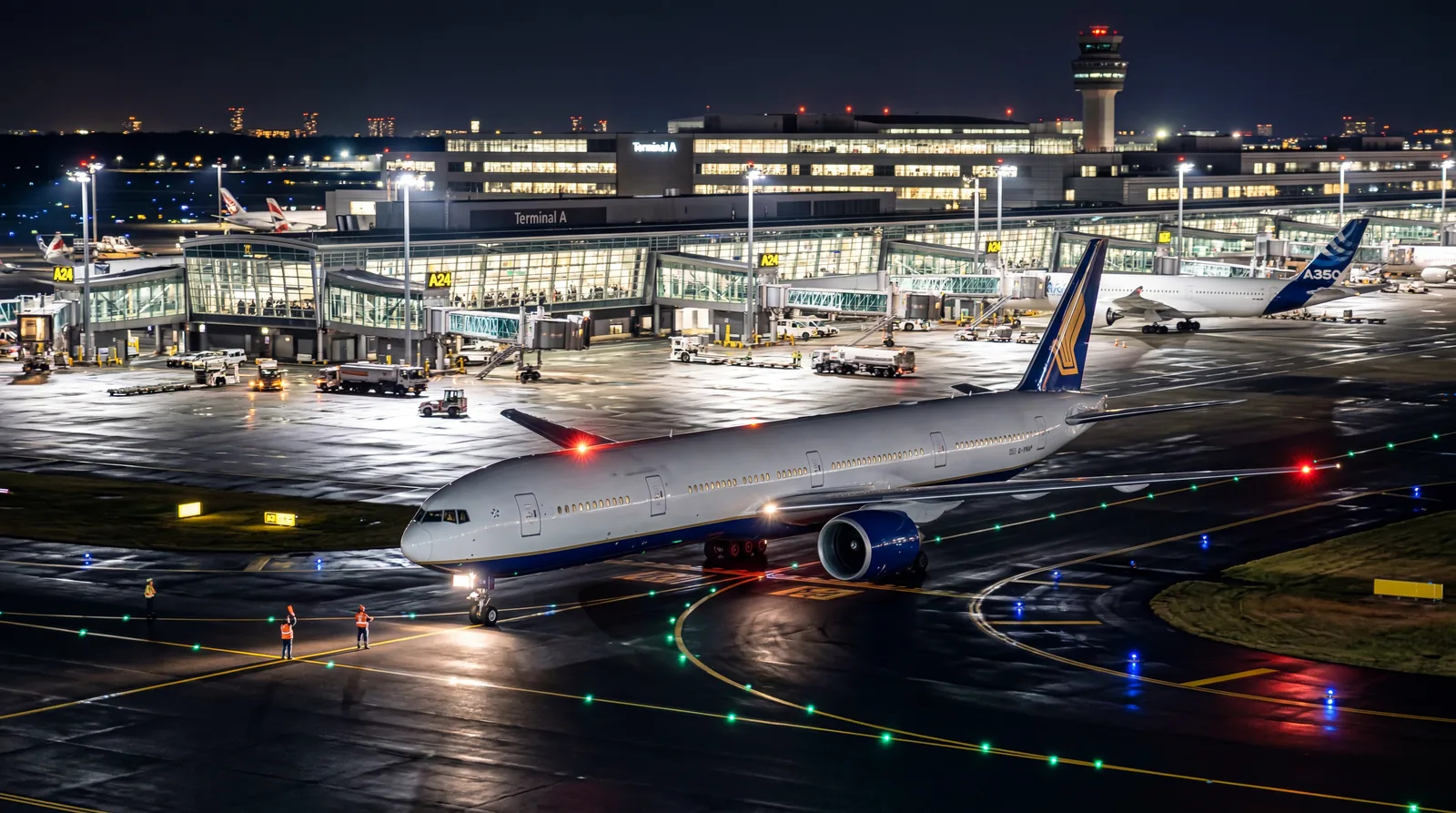 Commercial aircraft taxiing back to a terminal gate at night, airport lighting