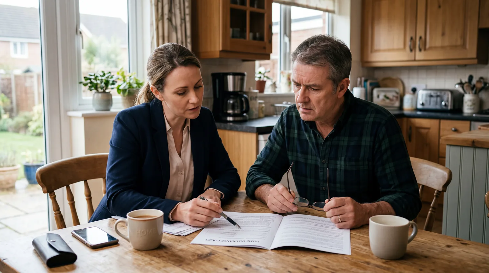 Insurance agent sitting with a homeowner at a kitchen table reviewing a document, concerned but attentive expressions