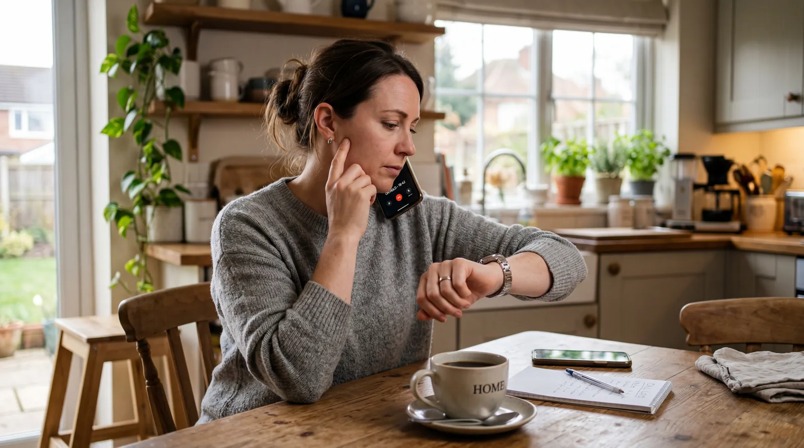 Person waiting on hold looking at their watch, sitting at a kitchen table with a cup of coffee