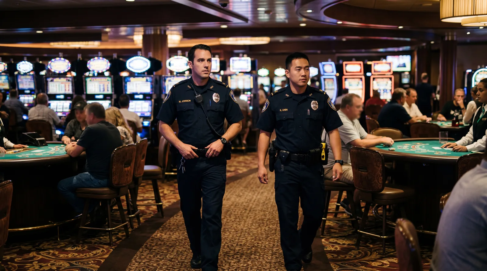 Two cruise ship security officers in uniform walking through a casino floor, serious expressions, low lighting