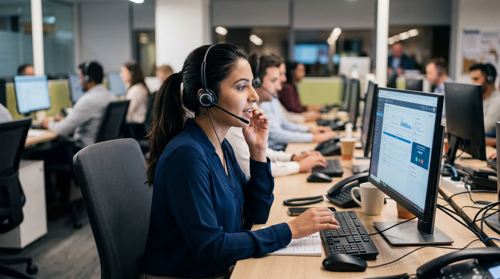 Call center representative speaking into a headset with a scripted expression, looking at a monitor