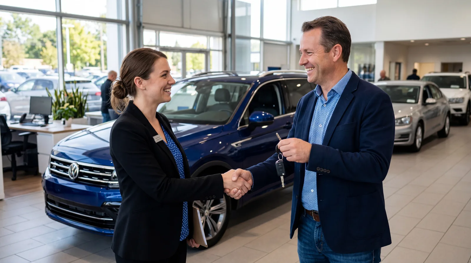 Customer and salesperson shaking hands in a car dealership with keys exchanged, smiling