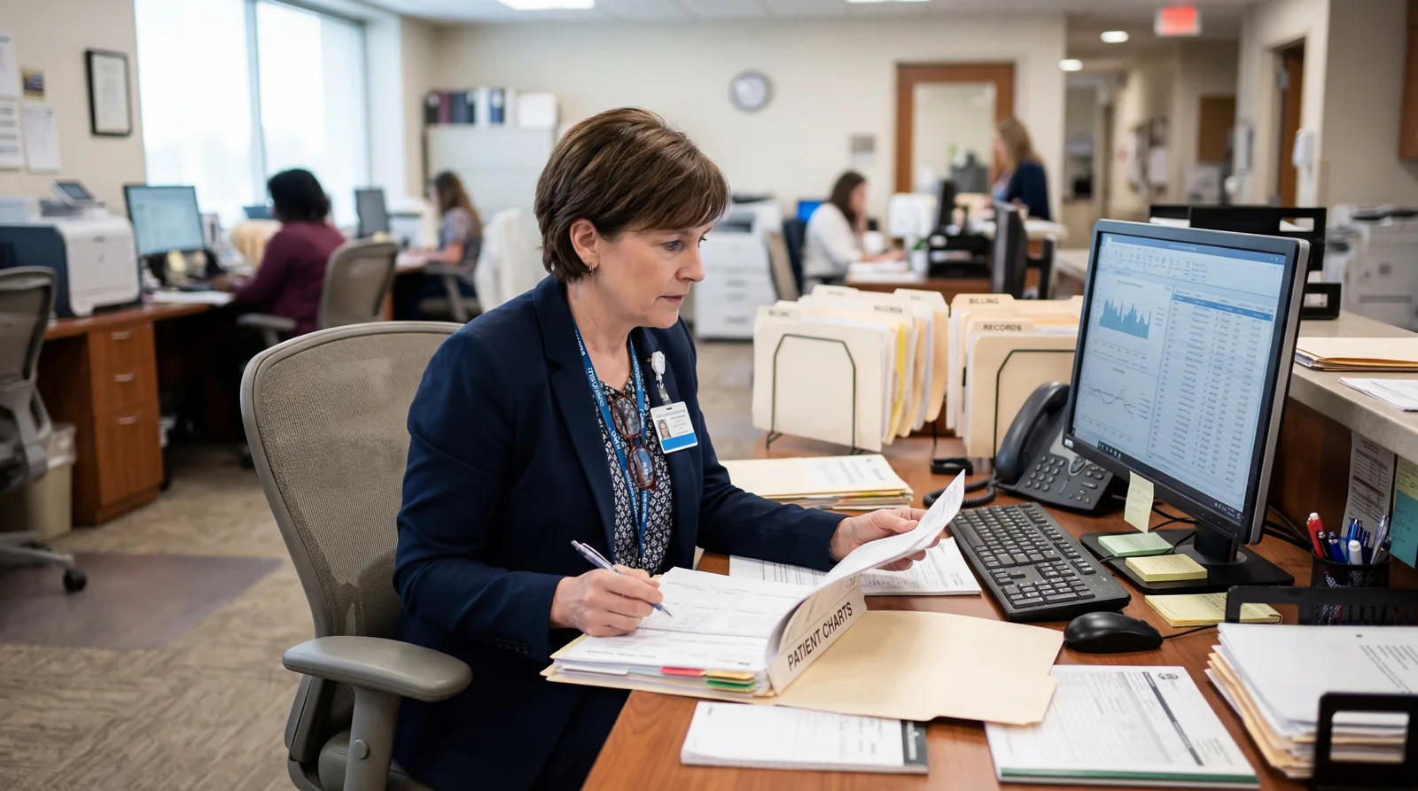 Hospital administrator reviewing patient charts and billing records at a workstation