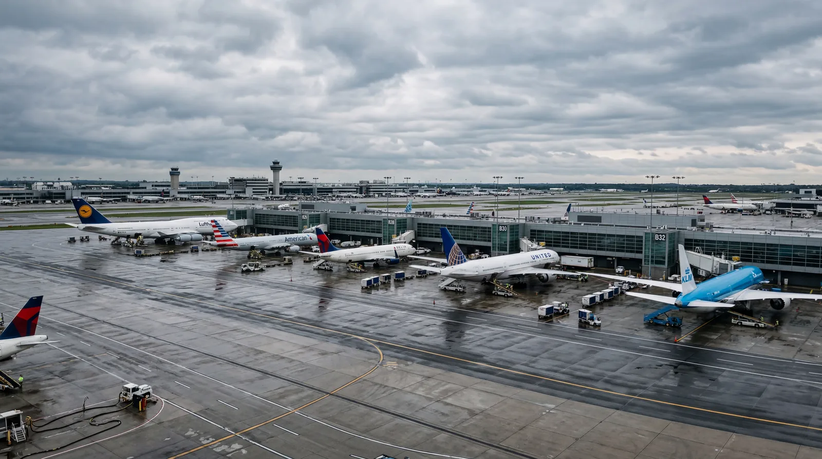 Multiple commercial aircraft parked at gates during an overcast day, wide-angle airport tarmac view