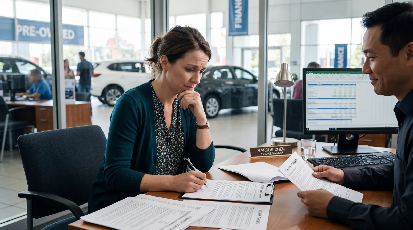 Person at a car dealership signing paperwork, finance office setting, slightly worried expression