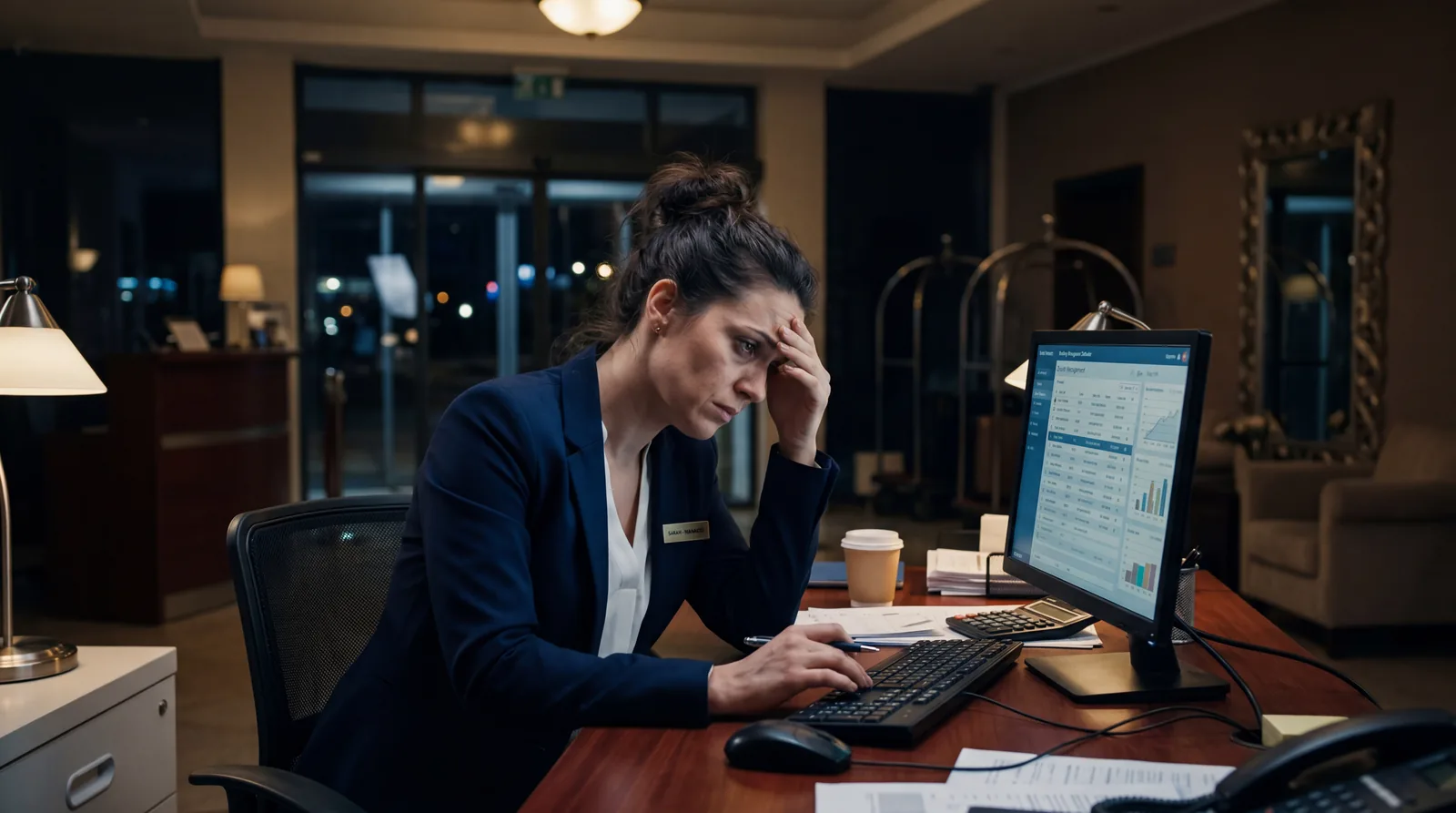 Stressed hotel front desk manager reviewing bookings on a computer screen late at night